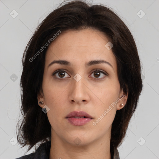 Neutral white young-adult female with medium  brown hair and brown eyes