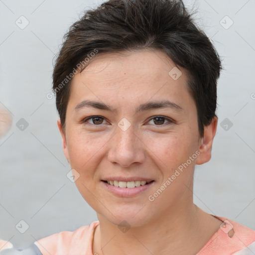 Joyful white young-adult female with short  brown hair and brown eyes