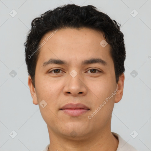 Neutral latino young-adult male with short  brown hair and brown eyes