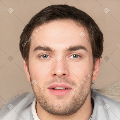 Neutral white young-adult male with short  brown hair and brown eyes