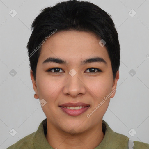 Joyful asian young-adult female with short  black hair and brown eyes