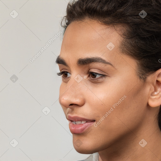 Neutral white young-adult female with short  brown hair and brown eyes