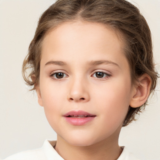 Joyful white child female with medium  brown hair and brown eyes