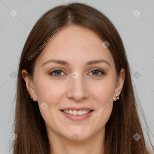 Joyful white young-adult female with long  brown hair and grey eyes