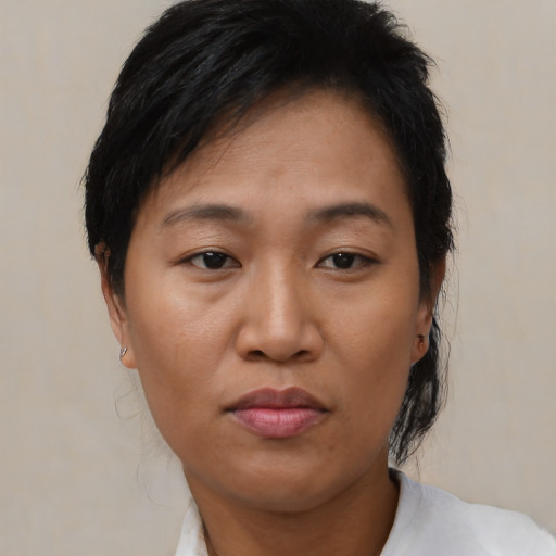 Neutral asian adult female with short  brown hair and brown eyes