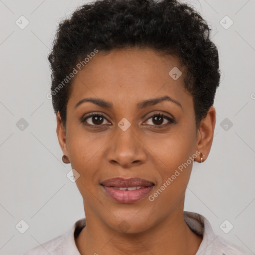 Joyful latino young-adult female with short  black hair and brown eyes