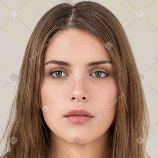 Neutral white young-adult female with long  brown hair and brown eyes