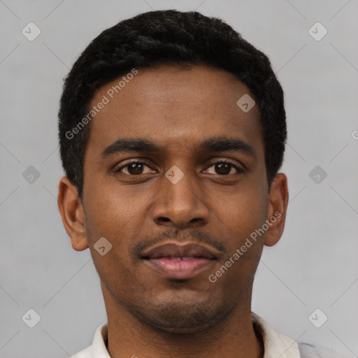 Neutral latino young-adult male with short  black hair and brown eyes