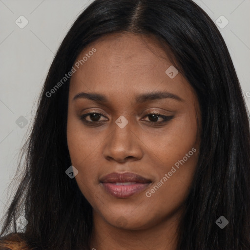 Joyful asian young-adult female with long  black hair and brown eyes