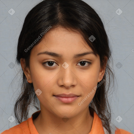 Joyful latino young-adult female with medium  brown hair and brown eyes