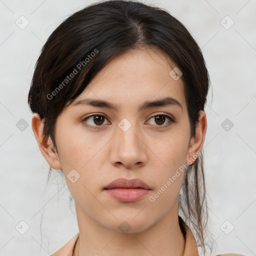 Neutral white young-adult female with medium  brown hair and brown eyes