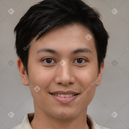 Joyful asian young-adult female with short  brown hair and brown eyes