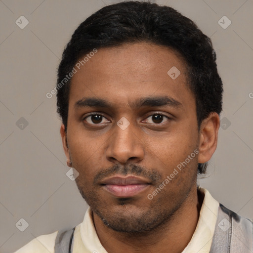 Neutral latino young-adult male with short  black hair and brown eyes