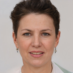 Joyful white adult female with short  brown hair and grey eyes