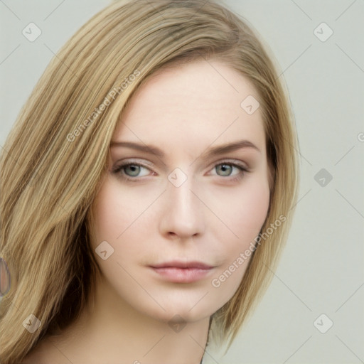 Neutral white young-adult female with long  brown hair and green eyes