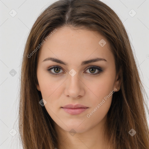 Neutral white young-adult female with long  brown hair and brown eyes