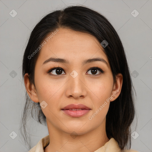 Joyful asian young-adult female with medium  brown hair and brown eyes