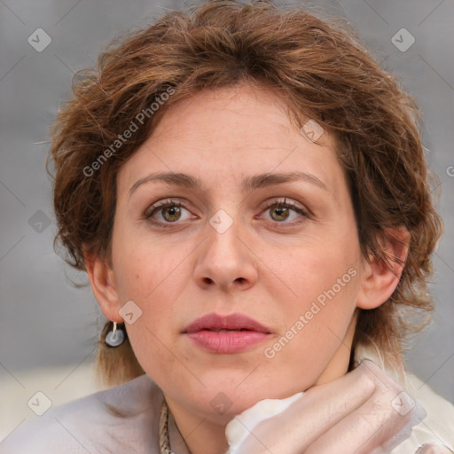 Joyful white adult female with medium  brown hair and green eyes