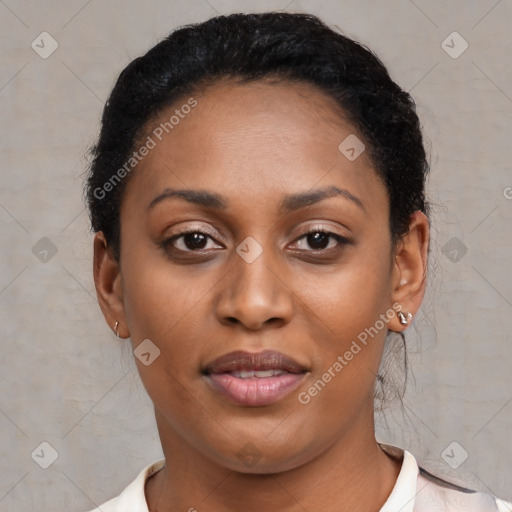 Joyful latino young-adult female with short  black hair and brown eyes