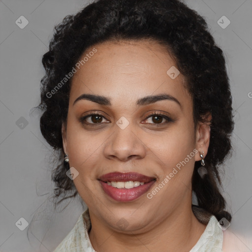 Joyful black young-adult female with medium  black hair and brown eyes