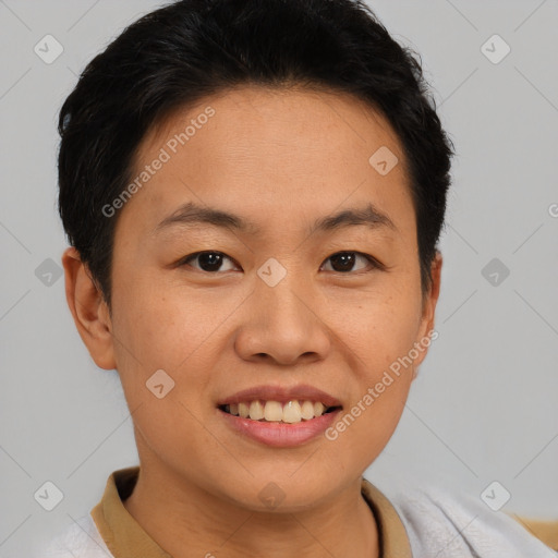 Joyful asian young-adult female with short  brown hair and brown eyes