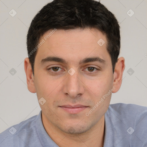 Neutral white young-adult male with short  brown hair and brown eyes