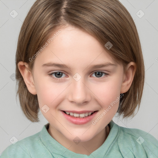 Joyful white child female with medium  brown hair and brown eyes