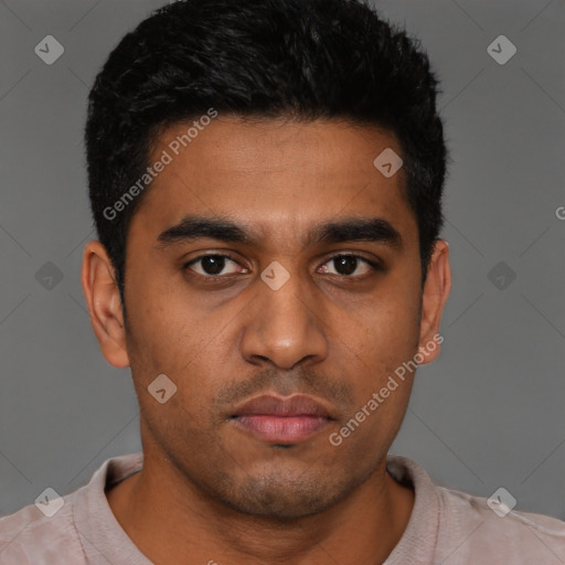 Neutral latino young-adult male with short  black hair and brown eyes