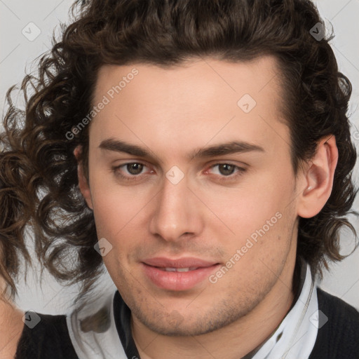 Joyful white young-adult male with medium  brown hair and brown eyes