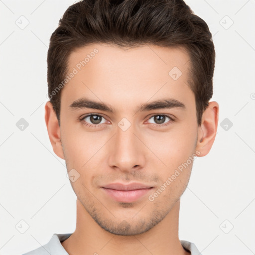 Neutral white young-adult male with short  brown hair and brown eyes