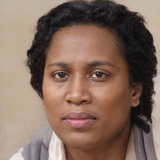 Neutral black adult female with short  brown hair and brown eyes