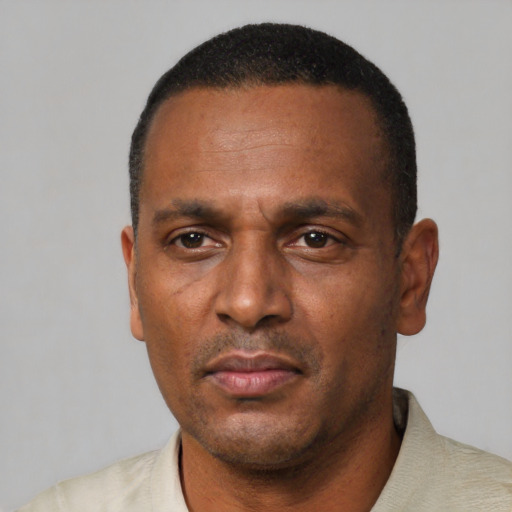 Neutral black adult male with short  black hair and brown eyes