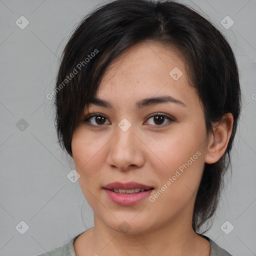 Joyful white young-adult female with medium  brown hair and brown eyes