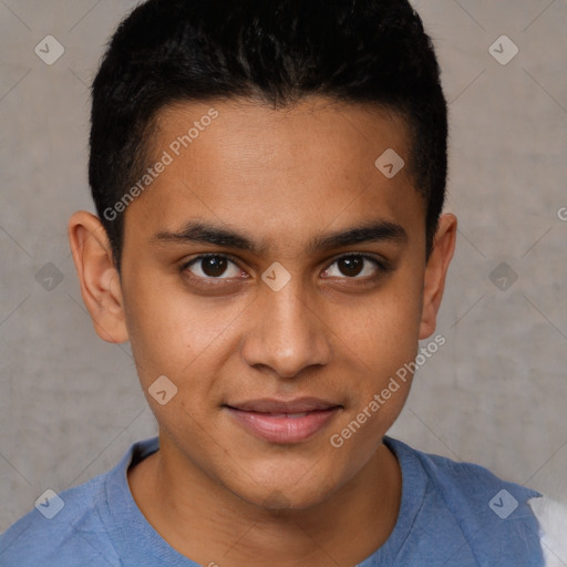 Joyful latino young-adult male with short  brown hair and brown eyes