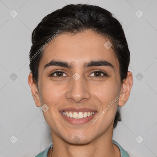 Joyful white young-adult male with short  brown hair and brown eyes