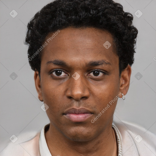 Neutral black young-adult male with short  black hair and brown eyes