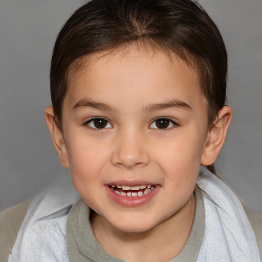 Joyful white child female with medium  brown hair and brown eyes