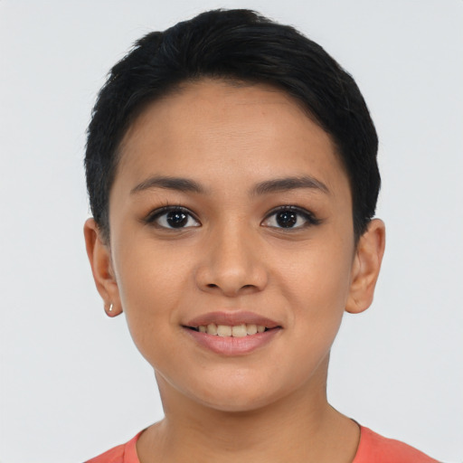 Joyful asian young-adult female with short  black hair and brown eyes