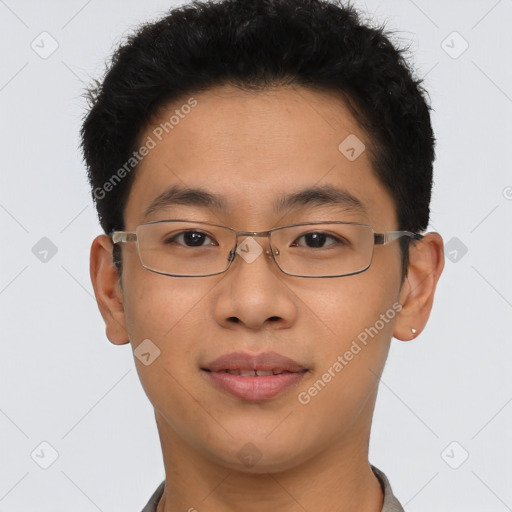 Joyful asian young-adult male with short  brown hair and brown eyes