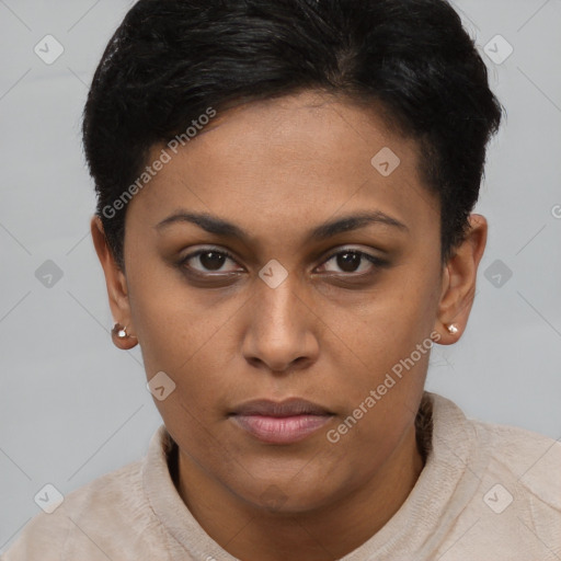 Neutral black young-adult female with short  brown hair and brown eyes