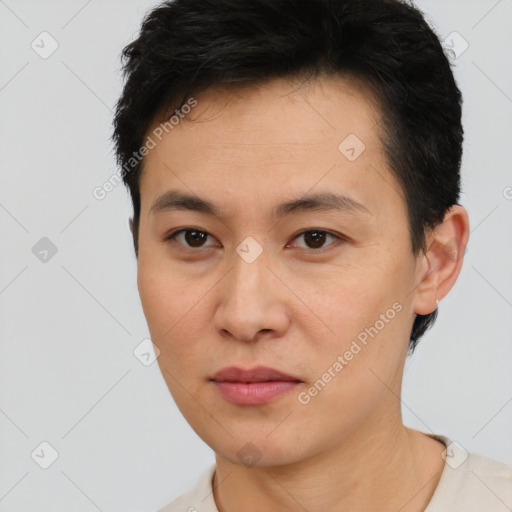 Neutral asian young-adult male with short  brown hair and brown eyes