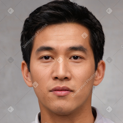 Neutral asian young-adult male with short  black hair and brown eyes