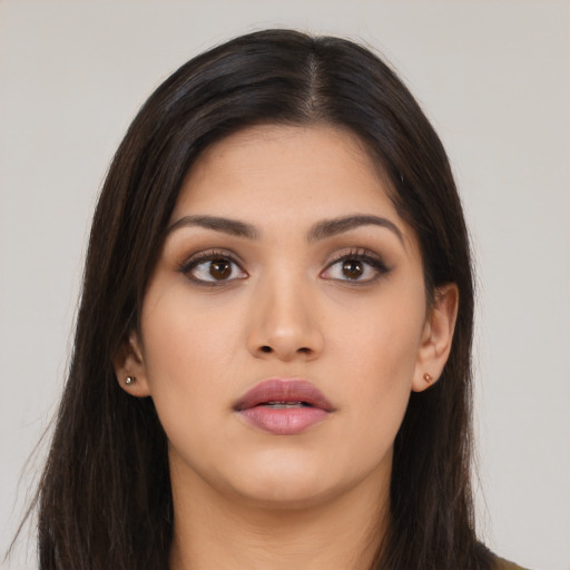 Neutral asian young-adult female with long  brown hair and brown eyes