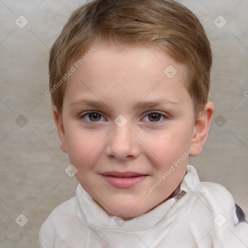 Joyful white child female with short  brown hair and brown eyes