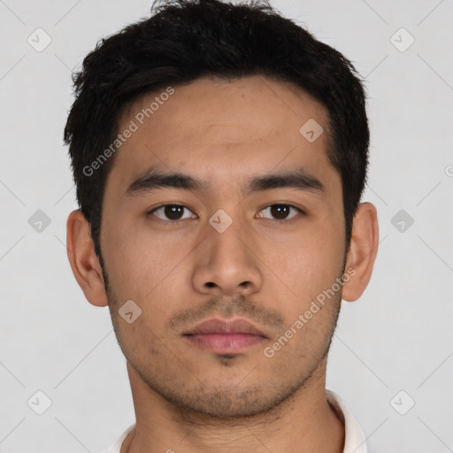 Neutral asian young-adult male with short  black hair and brown eyes