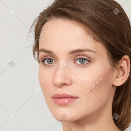 Neutral white young-adult female with long  brown hair and grey eyes