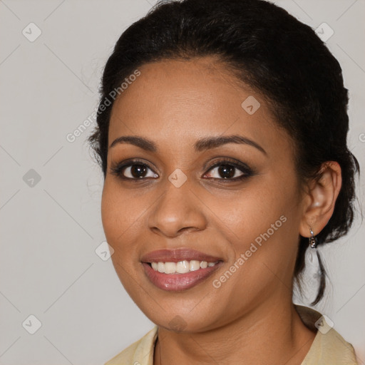 Joyful latino young-adult female with medium  brown hair and brown eyes