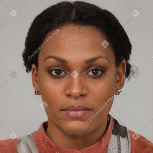 Neutral black young-adult female with short  brown hair and brown eyes