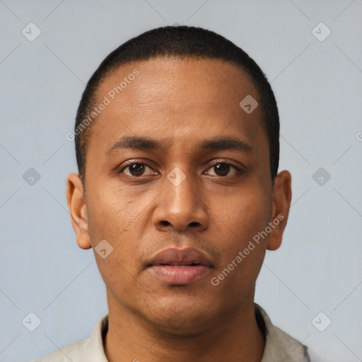 Neutral black young-adult male with short  black hair and brown eyes