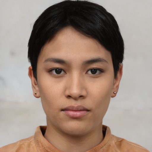 Neutral asian young-adult female with short  black hair and brown eyes